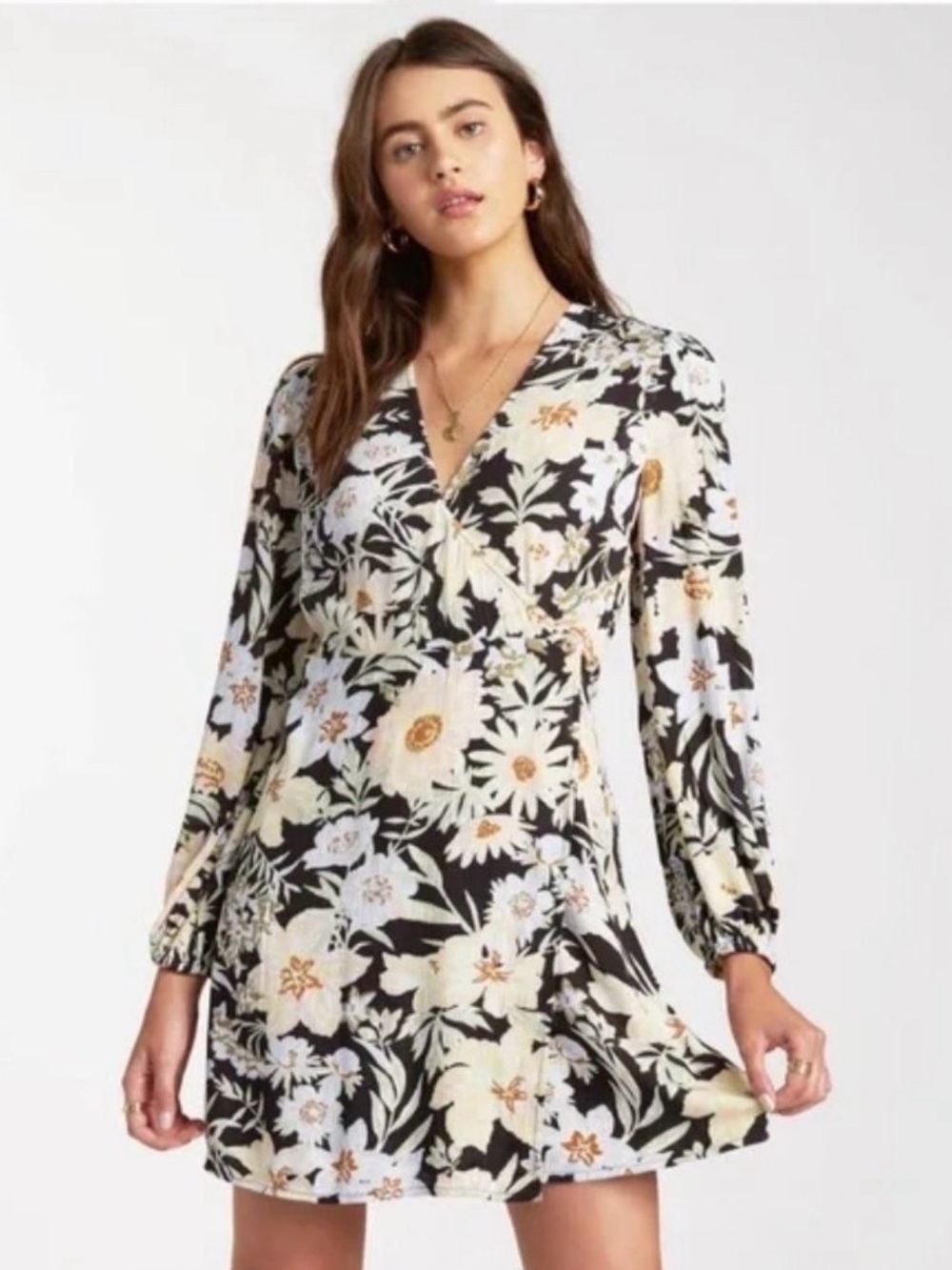 Billabong Black Floral V-Neck Long Sleeve Mini Dress